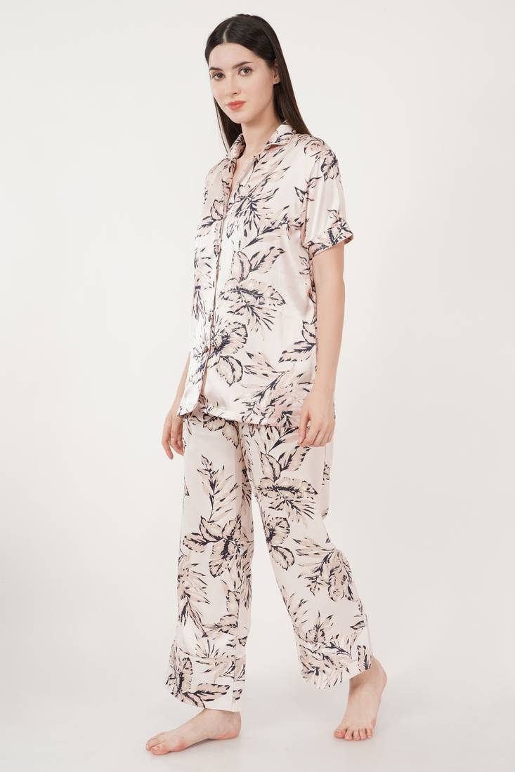 Urban Sundari Floral Printed Shirt Collar Half Sleeves Peach Satin Nightsuit Set Pack of 1