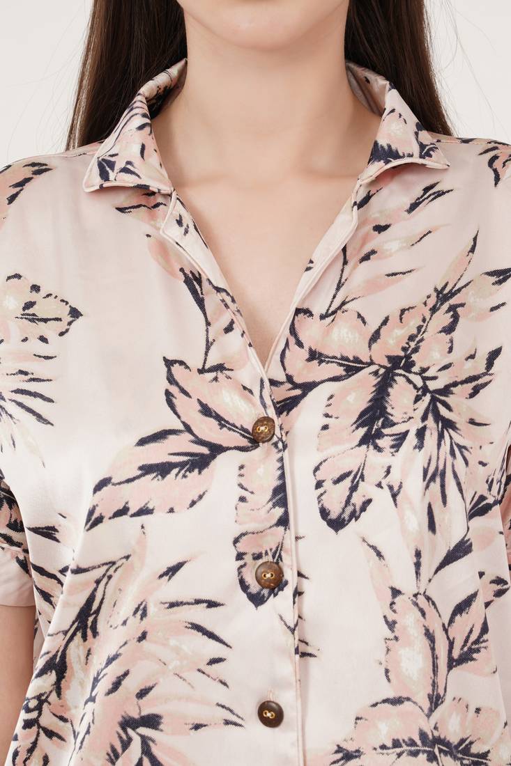 Urban Sundari Floral Printed Shirt Collar Half Sleeves Peach Satin Nightsuit Set Pack of 1