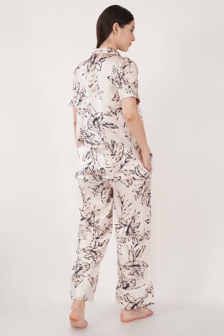 Urban Sundari Floral Printed Shirt Collar Half Sleeves Peach Satin Nightsuit Set Pack of 1