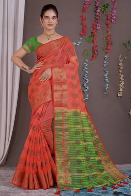 Sareeexotica Women'S Cotton Jacquard Saree Meenakari Zaributta Chit Pallu Gajari Color Saree 1