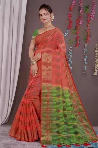 Sareeexotica Women'S Cotton Jacquard Saree Meenakari Zaributta Chit Pallu Gajari Color Saree