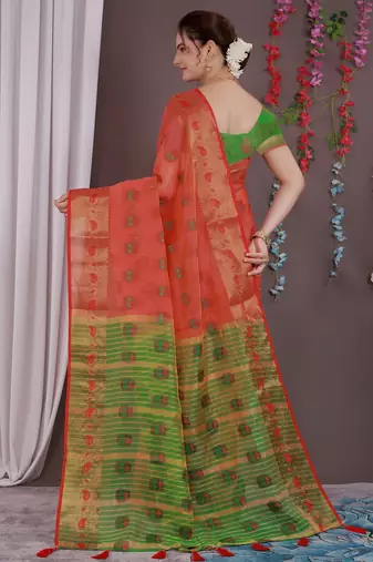 Sareeexotica Women'S Cotton Jacquard Saree Meenakari Zaributta Chit Pallu Gajari Color Saree