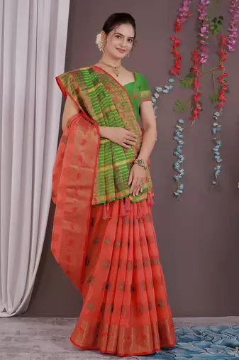 Sareeexotica Women'S Cotton Jacquard Saree Meenakari Zaributta Chit Pallu Gajari Color Saree