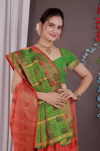Sareeexotica Women'S Cotton Jacquard Saree Meenakari Zaributta Chit Pallu Gajari Color Saree