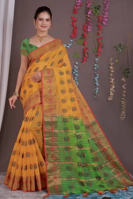 Sareeexotica Women'S Cotton Jacquard Saree Meenakari Zaributta Chit Pallu Yellow Color Saree 1