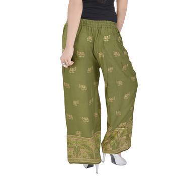 Mehendi Green Jaipuri Gold Print Cotton Palazzo 1