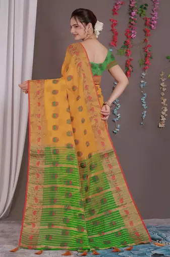 Sareeexotica Women'S Cotton Jacquard Saree Meenakari Zaributta Chit Pallu Yellow Color Saree