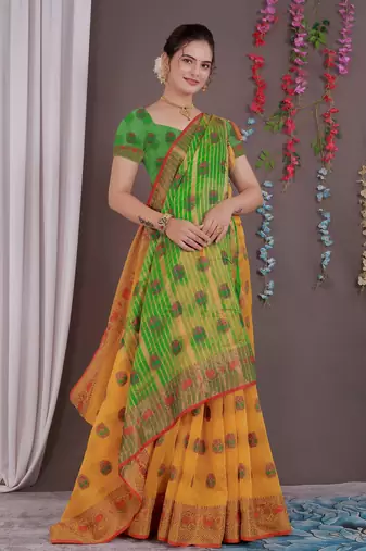 Sareeexotica Women'S Cotton Jacquard Saree Meenakari Zaributta Chit Pallu Yellow Color Saree