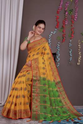 Sareeexotica Women'S Cotton Jacquard Saree Meenakari Zaributta Chit Pallu Yellow Color Saree 5