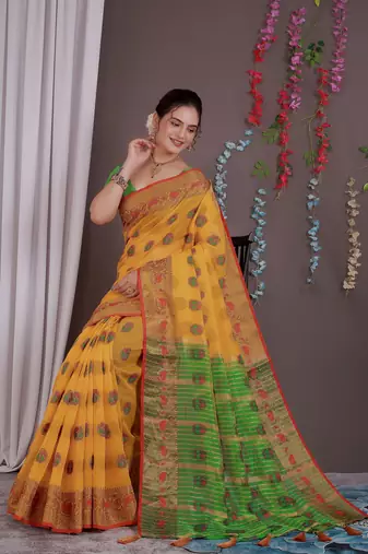 Sareeexotica Women'S Cotton Jacquard Saree Meenakari Zaributta Chit Pallu Yellow Color Saree