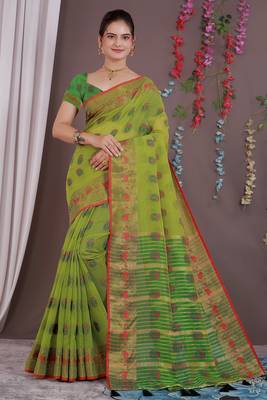 Sareeexotica Women'S Cotton Jacquard Saree Meenakari Zaributta Chit Pallu Popat Green Color Saree 1