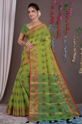 Sareeexotica Women'S Cotton Jacquard Saree Meenakari Zaributta Chit Pallu Popat Green Color Saree 2