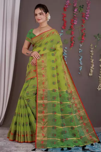 Sareeexotica Women'S Cotton Jacquard Saree Meenakari Zaributta Chit Pallu Popat Green Color Saree