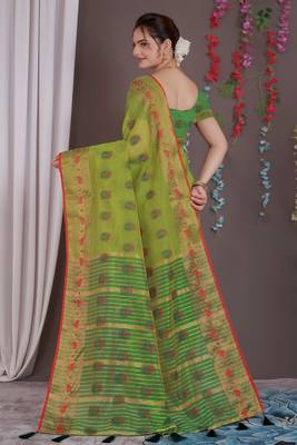 Sareeexotica Women'S Cotton Jacquard Saree Meenakari Zaributta Chit Pallu Popat Green Color Saree 3