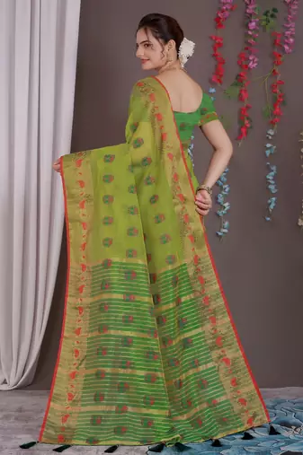Sareeexotica Women'S Cotton Jacquard Saree Meenakari Zaributta Chit Pallu Popat Green Color Saree