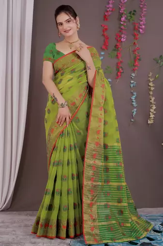 Sareeexotica Women'S Cotton Jacquard Saree Meenakari Zaributta Chit Pallu Popat Green Color Saree