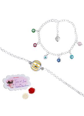 Handmade rakhi combo couple pair yellow silver bead bracelet and colorful evil eye for bhaiya bhabhi 1