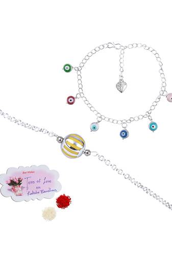 Handmade rakhi combo couple pair yellow silver bead bracelet and colorful evil eye for bhaiya bhabhi