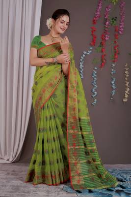 Sareeexotica Women'S Cotton Jacquard Saree Meenakari Zaributta Chit Pallu Popat Green Color Saree 5