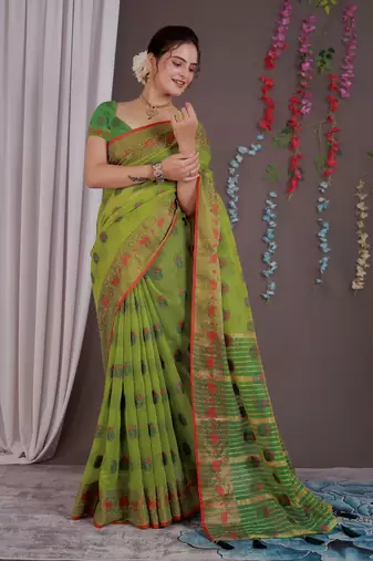 Sareeexotica Women'S Cotton Jacquard Saree Meenakari Zaributta Chit Pallu Popat Green Color Saree