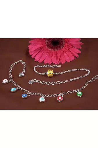 Handmade rakhi combo couple pair yellow silver bead bracelet and colorful evil eye for bhaiya bhabhi