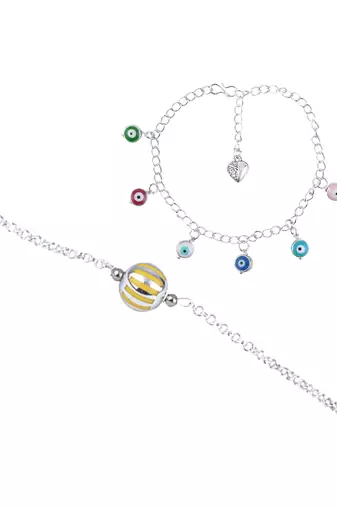 Handmade rakhi combo couple pair yellow silver bead bracelet and colorful evil eye for bhaiya bhabhi