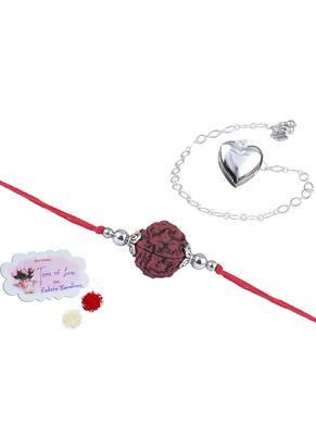 Handmade rakhi combo couple pair panch mukhi rudraksh and heart unisex silver plated for bhaiya bhabhi 1