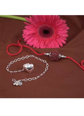 Handmade rakhi combo couple pair panch mukhi rudraksh and heart unisex silver plated for bhaiya bhabhi 2