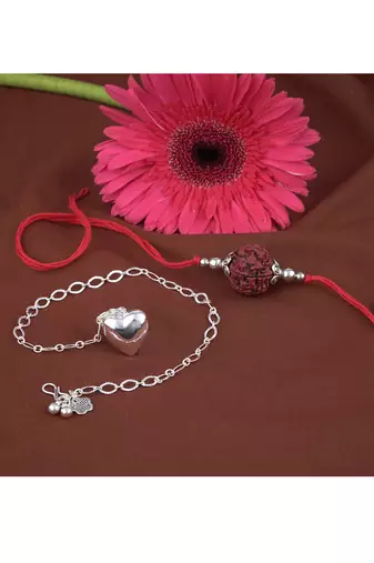 Handmade rakhi combo couple pair panch mukhi rudraksh and heart unisex silver plated for bhaiya bhabhi