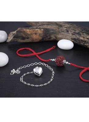 Handmade rakhi combo couple pair panch mukhi rudraksh and heart unisex silver plated for bhaiya bhabhi 3