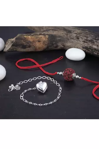 Handmade rakhi combo couple pair panch mukhi rudraksh and heart unisex silver plated for bhaiya bhabhi