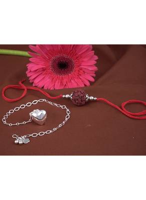 Handmade rakhi combo couple pair panch mukhi rudraksh and heart unisex silver plated for bhaiya bhabhi 4