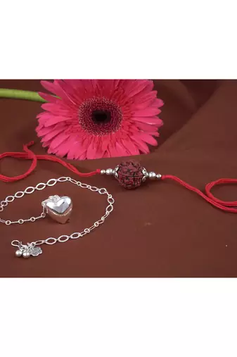 Handmade rakhi combo couple pair panch mukhi rudraksh and heart unisex silver plated for bhaiya bhabhi