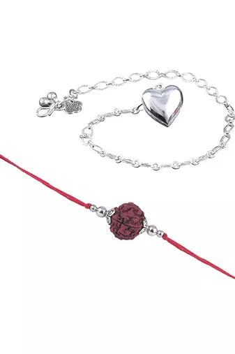 Handmade rakhi combo couple pair panch mukhi rudraksh and heart unisex silver plated for bhaiya bhabhi