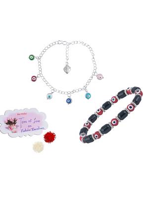 Handmade rakhi combo couple pair red evil and colorful evil eye silver plated bracelet for bhaiya bhabhi 1
