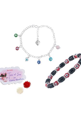 Handmade rakhi combo couple pair red evil and colorful evil eye silver plated bracelet for bhaiya bhabhi