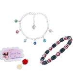 Handmade rakhi combo couple pair red evil and colorful evil eye silver plated bracelet for bhaiya bhabhi