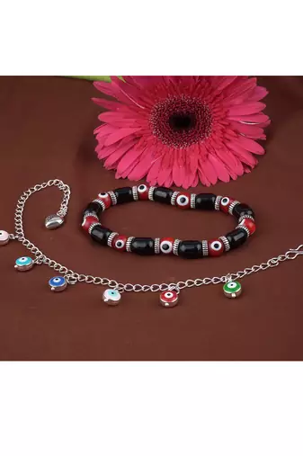Handmade rakhi combo couple pair red evil and colorful evil eye silver plated bracelet for bhaiya bhabhi