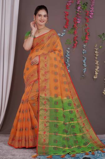 Sareeexotica Women'S Cotton Jacquard Saree Meenakari Zaributta Chit Pallu Orange Color Saree