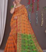 Sareeexotica Women'S Cotton Jacquard Saree Meenakari Zaributta Chit Pallu Orange Color Saree
