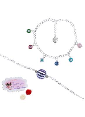 Handmade rakhi combo couple pair purple silver bead bracelet and colorful evil eye for bhaiya bhabhi 1
