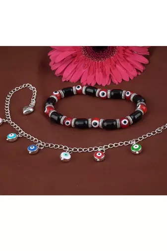 Handmade rakhi combo couple pair red evil and colorful evil eye silver plated bracelet for bhaiya bhabhi
