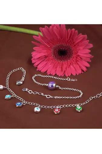 Handmade rakhi combo couple pair purple silver bead bracelet and colorful evil eye for bhaiya bhabhi