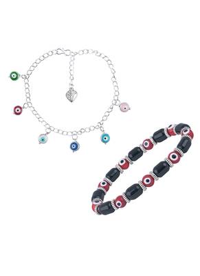 Handmade rakhi combo couple pair red evil and colorful evil eye silver plated bracelet for bhaiya bhabhi 4