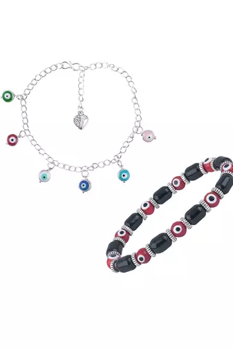 Handmade rakhi combo couple pair red evil and colorful evil eye silver plated bracelet for bhaiya bhabhi