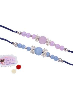 Handmade combo of 2 beaded rakhis with semi-precious lavender pink & blue onyx bead n pearls set 1
