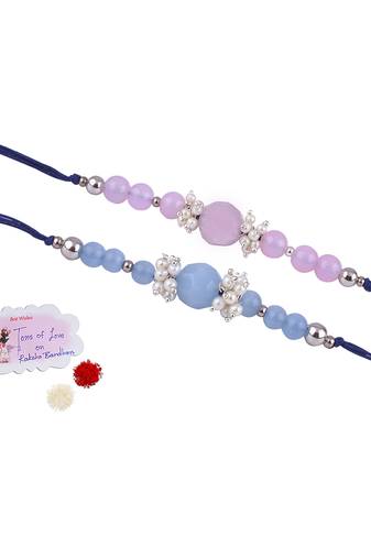 Handmade combo of 2 beaded rakhis with semi-precious lavender pink & blue onyx bead n pearls set