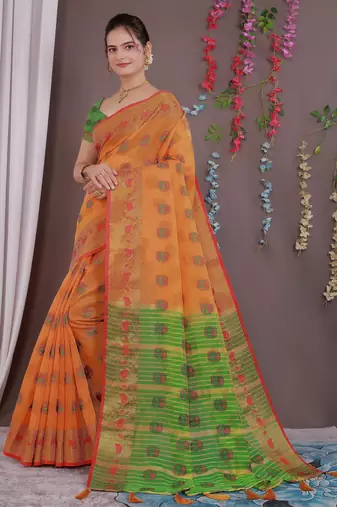 Sareeexotica Women'S Cotton Jacquard Saree Meenakari Zaributta Chit Pallu Orange Color Saree