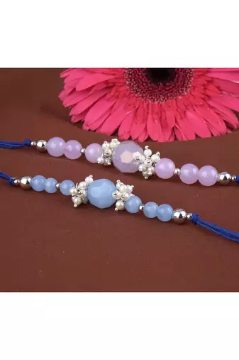 Handmade combo of 2 beaded rakhis with semi-precious lavender pink & blue onyx bead n pearls set