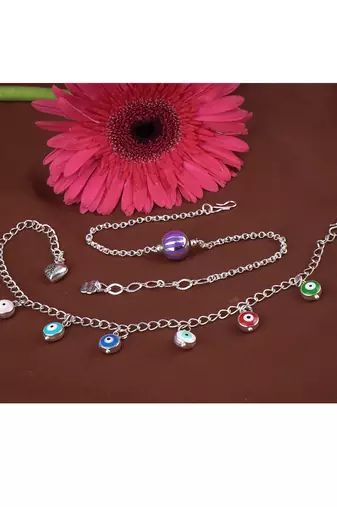 Handmade rakhi combo couple pair purple silver bead bracelet and colorful evil eye for bhaiya bhabhi